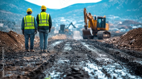 Two Construction Workers Observing Industrial Plant Site in New Mexico

