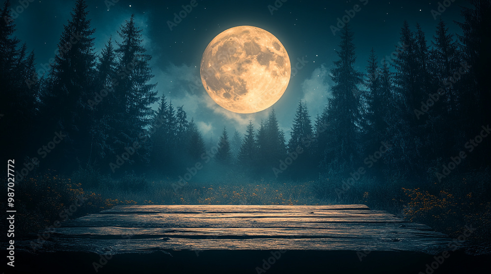 Mysterious forest landscape with a glowing full moon illuminating a wooden path. Ideal for night-themed projects and artworks.