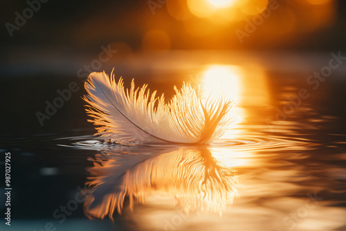 white feather floating on water at sunset - golden light and tranquility