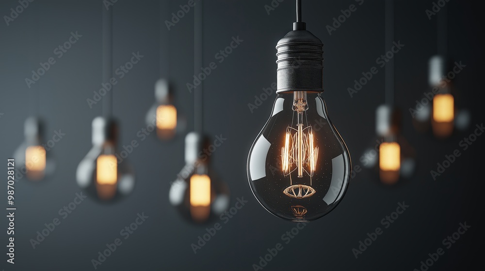 Light bulb hanging from the ceiling, illuminating several more bulbs in the background