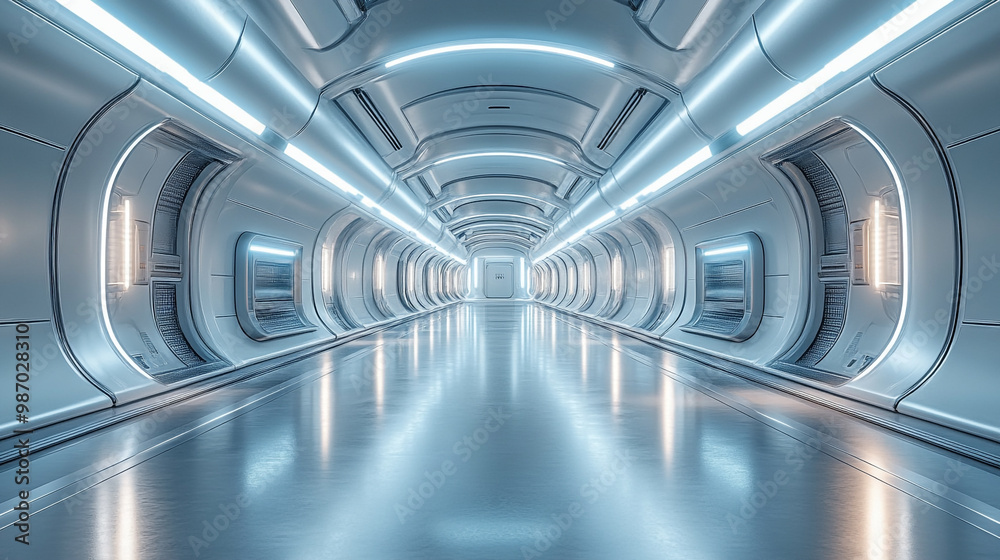 Futuristic corridor featuring sleek walls, modern lighting, and a reflective floor, ideal for sci-fi or technology-themed projects. Futuristic corridor featuring sleek walls, modern lighting, and a reflective floor, ideal for sci-fi or technology-themed projects.