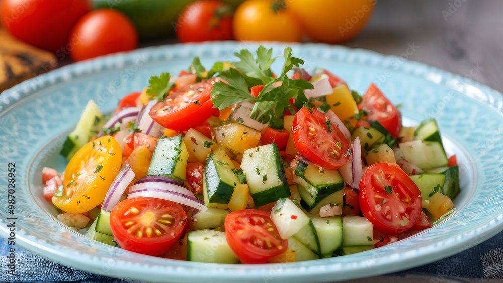 Cucumber, tomato and onion salad on a light blue plate. Cucumber, tomato and onion salad on a light blue plate.