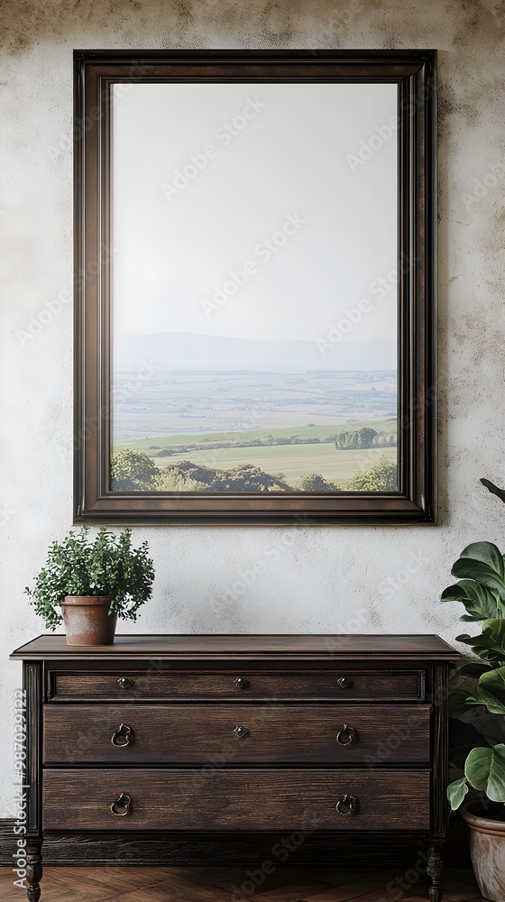 Rustic and Cozy Farmhouse Living Room Mockup Scene with Weathered Bronze and Wood Frame Antique Dresser Potted Plant and Scenic Window View of the Countryside Rustic and Cozy Farmhouse Living Room Mockup Scene with Weathered Bronze and Wood Frame Antique Dresser Potted Plant and Scenic Window View of the Countryside