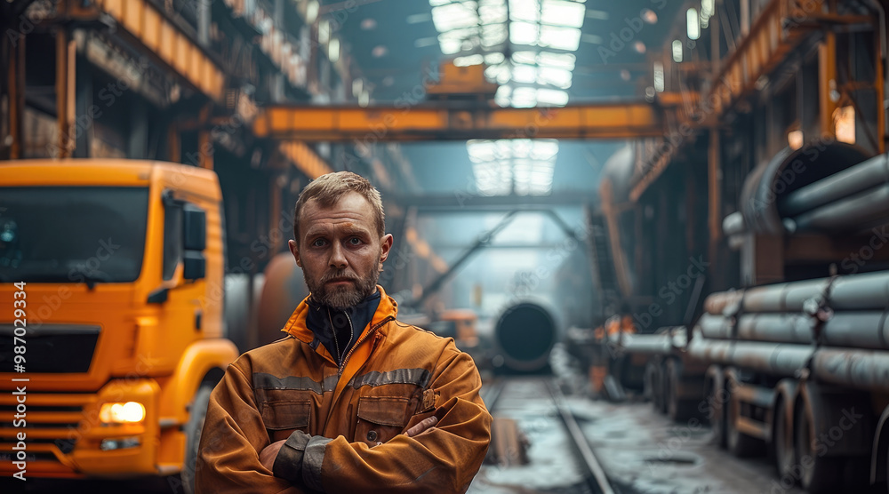 Pipes being loaded to truck inside steel factory. Pipes being loaded to truck inside steel factory.