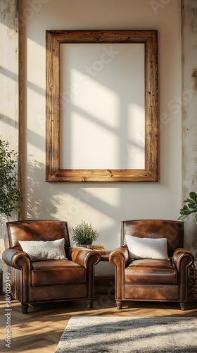 Rustic Chic Farmhouse Great Room with Leather Armchairs and Farmhouse Style Accents Featuring a Prominent 3D Mockup of a Handcrafted Wooden Frame Complemented by Reclaimed Oak Dramatic Side Lighting