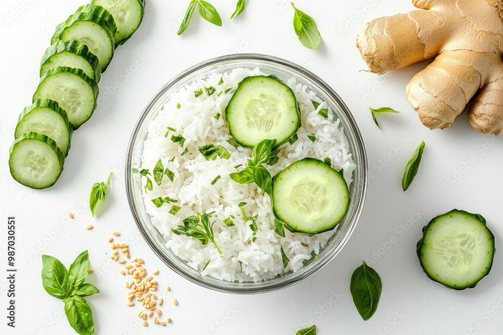 A bowl of cooked rice with cucumber slices, fresh basil, sesame seeds, and ginger. A bowl of cooked rice with cucumber slices, fresh basil, sesame seeds, and ginger.