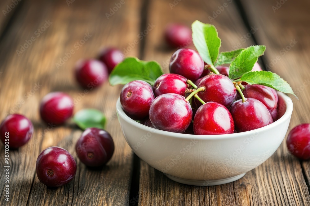 Garden plums in bowl on wooden table, ai Garden plums in bowl on wooden table, ai