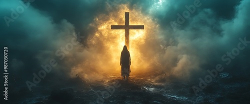 Silhouette of a person standing in front of a cross with a bright light behind it.