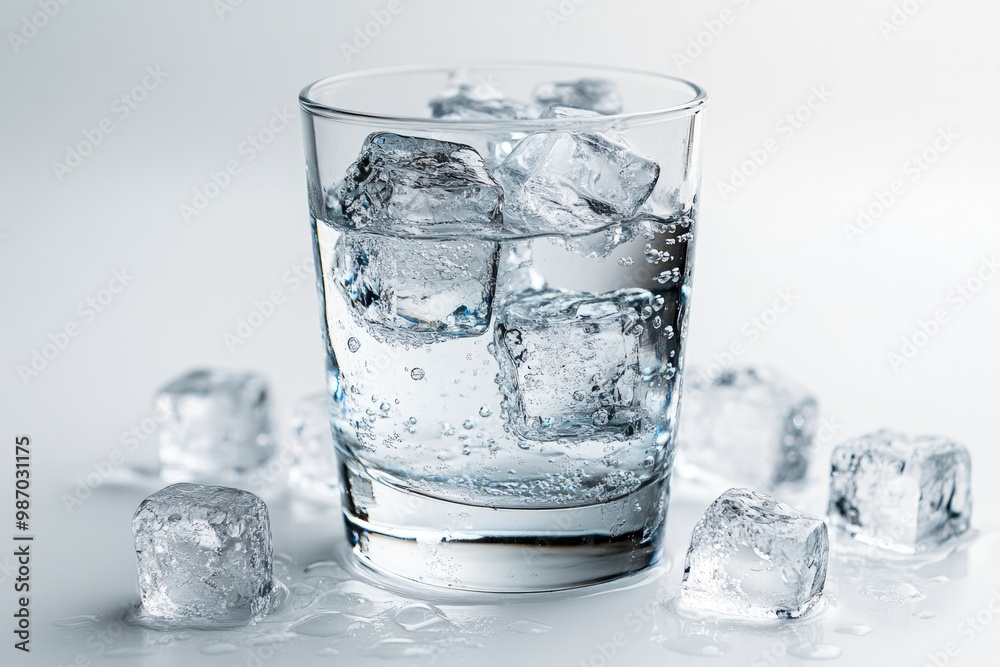 A glass of water with ice cubes on a white background. A glass of water with ice cubes on a white background.