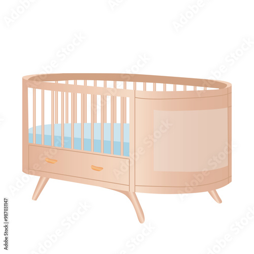 Wooden baby cot with drawers in flat design. Crib with blue mattress. Vector illustration isolated.