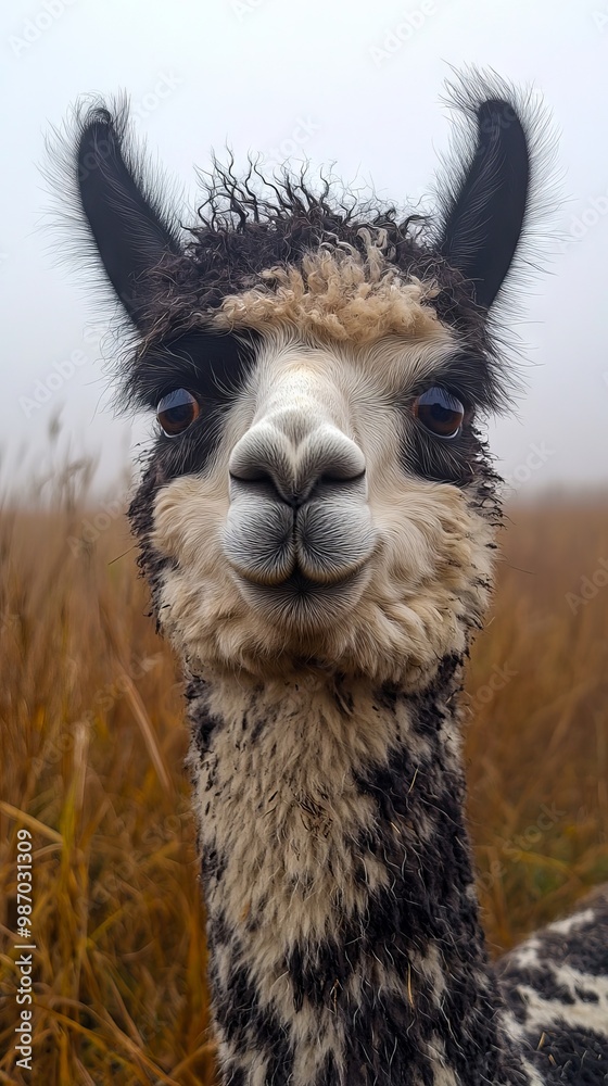 Obraz premium A close up of an alpaca in a field of tall grass