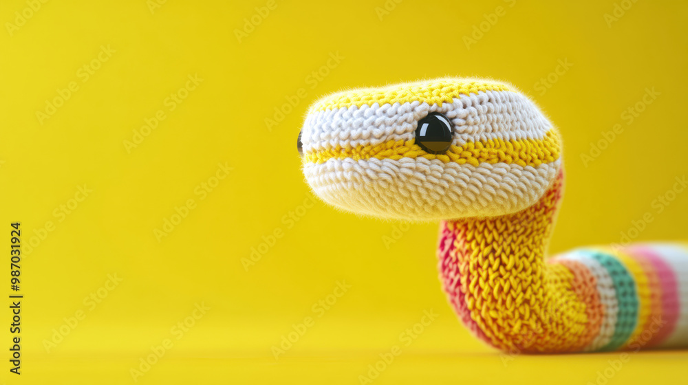 Fototapeta premium Colorful knitted snake toy on a bright yellow background, perfect for children's decor or playful designs.