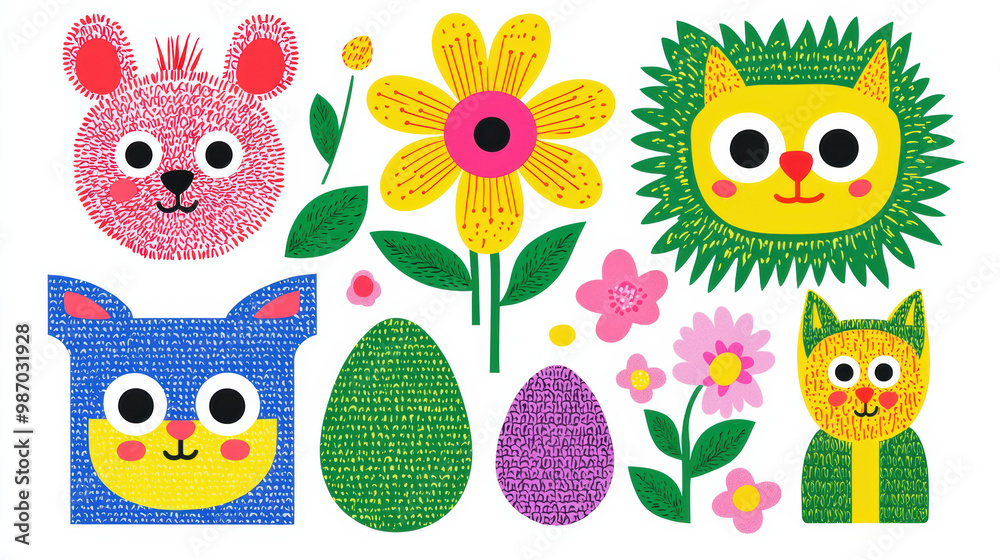 A vibrant collection of playful animal illustrations, flowers, and decorative eggs perfect for children's art projects and festive themes. A vibrant collection of playful animal illustrations, flowers, and decorative eggs perfect for children's art projects and festive themes.