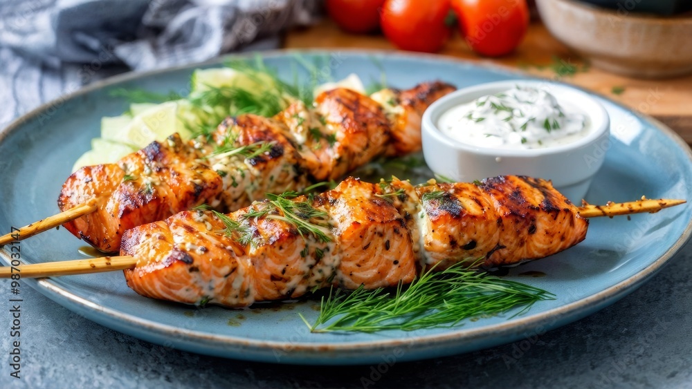 Grilled salmon kebab with creamy dill yogurt sauce. Grilled salmon kebab with creamy dill yogurt sauce.