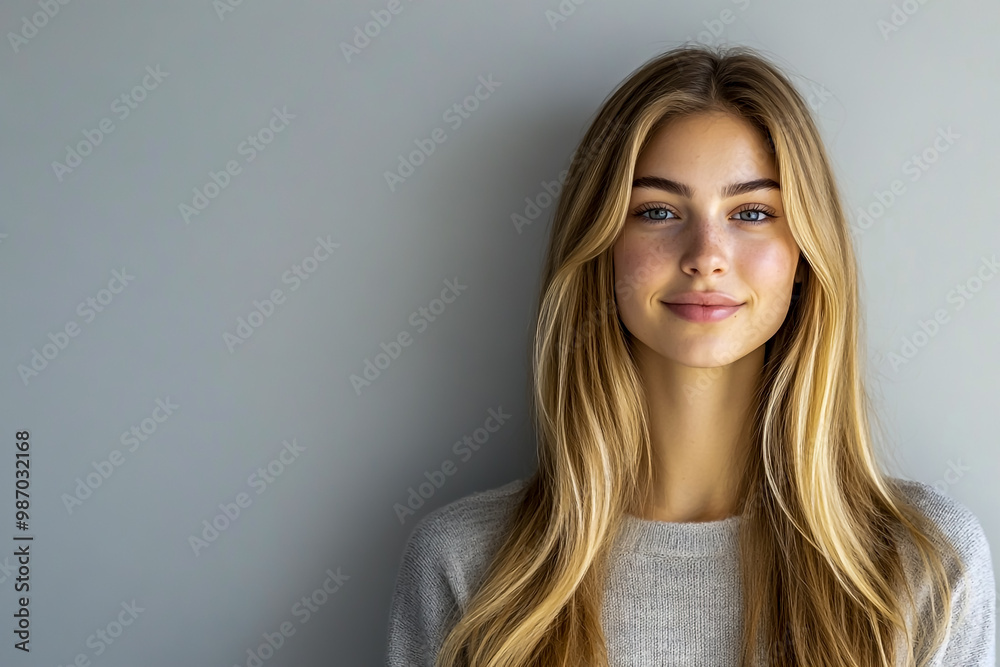 A blonde woman with long, straight hair in a casual sweater, standing. A blonde woman with long, straight hair in a casual sweater, standing.