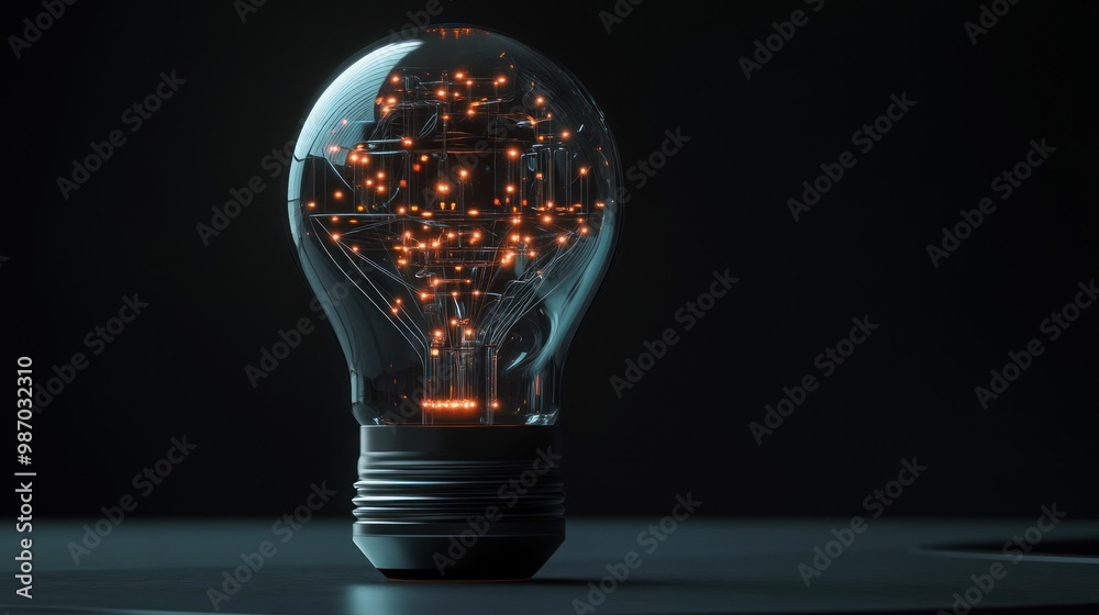 light bulb, with a bright, glowing filament that is shaped like a circuit board, processor, brand new and glowing brightly, floating isolated against a deep, solid black background.