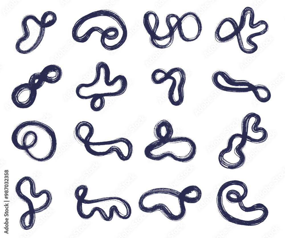 Set of brush stroke with swirled lines. Template freehand black brush strokes. Design modern monochrome texture. Collection of hand drawn doodle thick in different directions. Vector geometric texture Set of brush stroke with swirled lines. Template freehand black brush strokes. Design modern monochrome texture. Collection of hand drawn doodle thick in different directions. Vector geometric texture