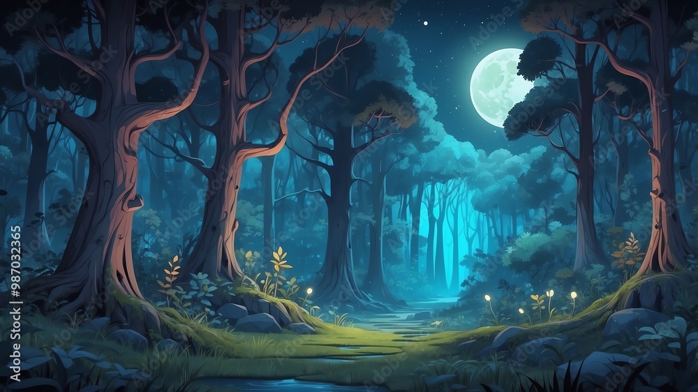 Mysterious Moonlit Forest Cartoon Background Design Mysterious Moonlit Forest Cartoon Background Design