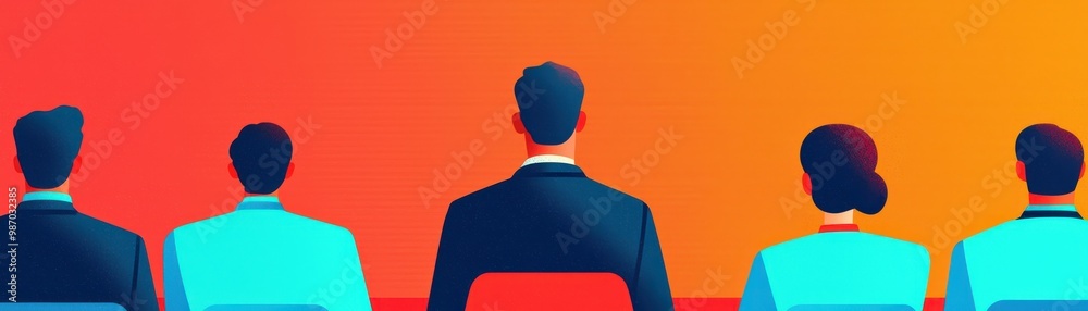A group of professionals in formal attire, sitting together against a vibrant gradient background, engaged in thought or discussion.
