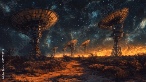 Wallpaper Mural A row of satellite dishes stand tall against a fiery sunset and a star-studded night sky. Torontodigital.ca