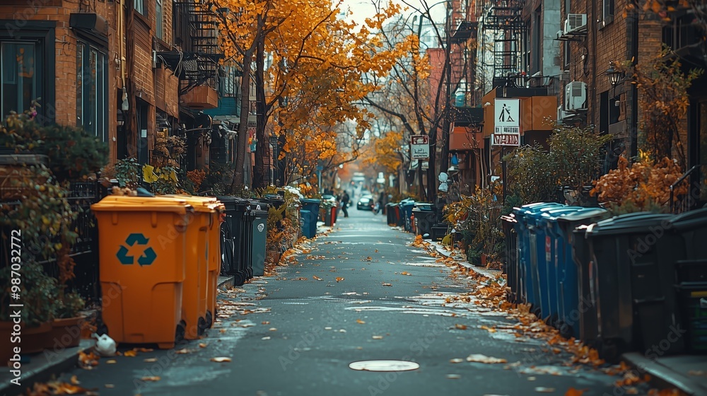 Fototapeta premium Urban Street with Recycling Bins in Autumn