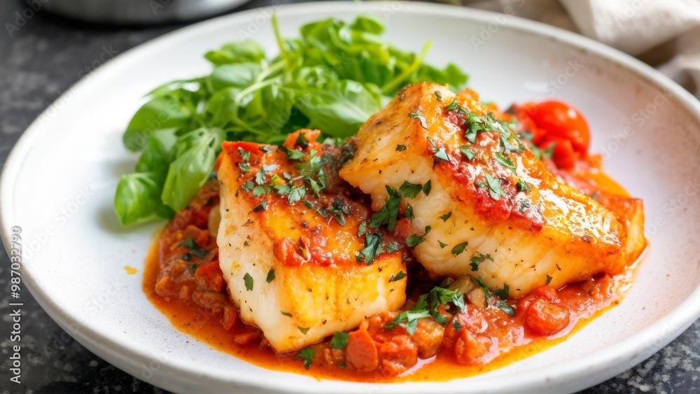 Mediterranean cod fried in a frying pan in tomato and basil sauce. Mediterranean cod fried in a frying pan in tomato and basil sauce.