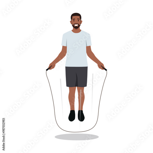 Young bearded man skipping with a jump rope. Flat vector illustration isolated on white background