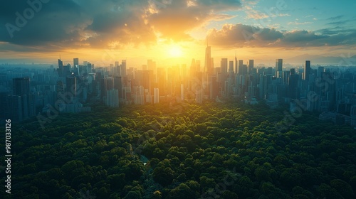 Futuristic City with Green Energy Solutions at Sunset