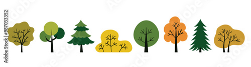 Trees set. Different colorful trees summer and autumn, collection isolated on a white background. Simple flat style vector illustration. Design concept for a poster, banner, school book, infographics