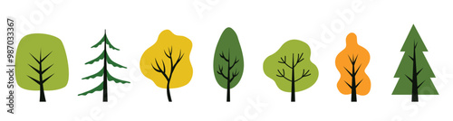 Trees set. Different colorful trees summer and autumn, collection isolated on a white background. Simple flat style vector illustration. Design concept for a poster, banner, school book, infographics