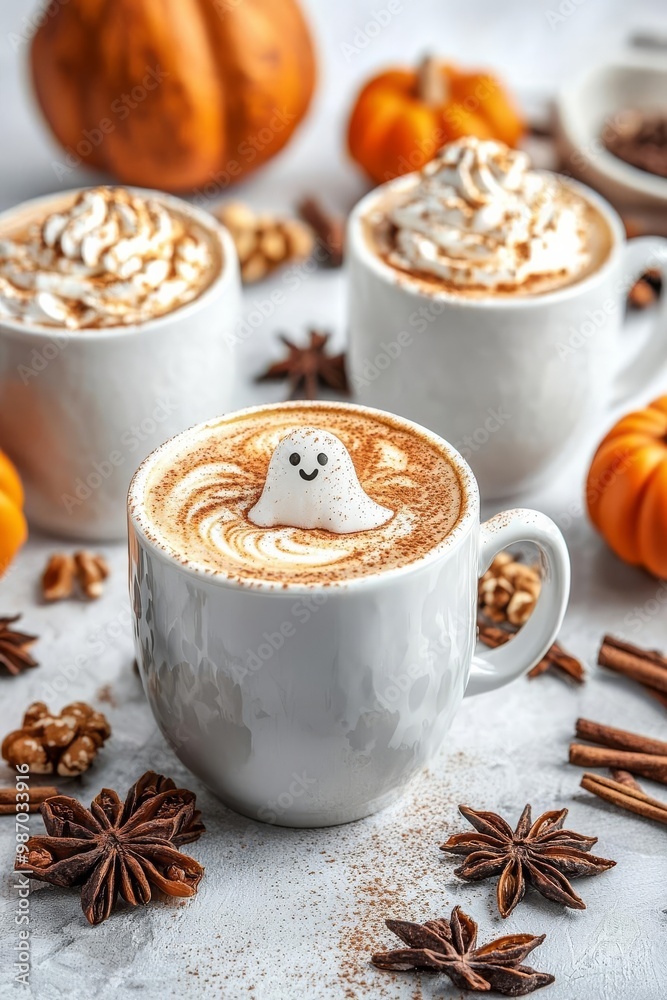 Pumpkin spice latte art, ghost shape foam, Halloween theme, cozy cafe, watercolor style Pumpkin spice latte art, ghost shape foam, Halloween theme, cozy cafe, watercolor style