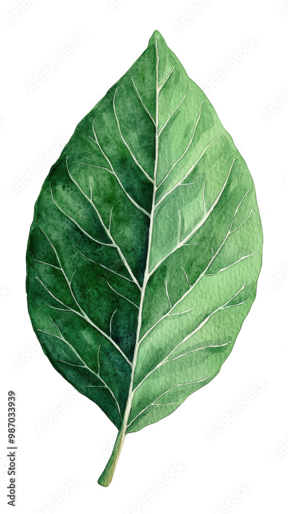 Fototapeta premium Watercolor leaf illustration showcasing white veins and various shades of green. Perfect for botanical projects and natural-themed designs. Isolated on transparent background, png.