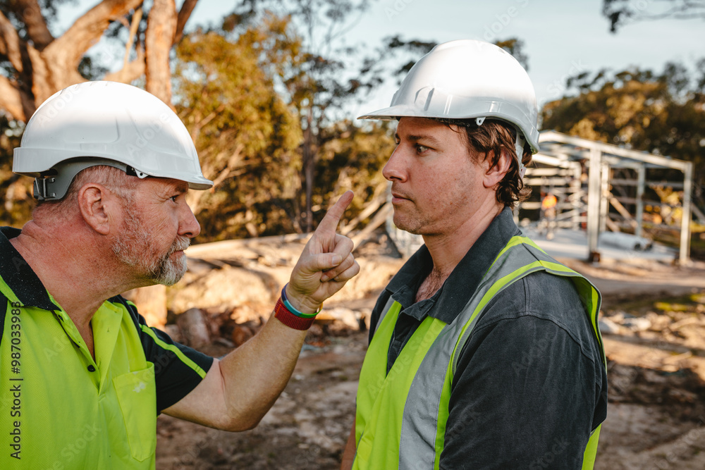 Two building contractors in a heated argument at the construction site. Two building contractors in a heated argument at the construction site.