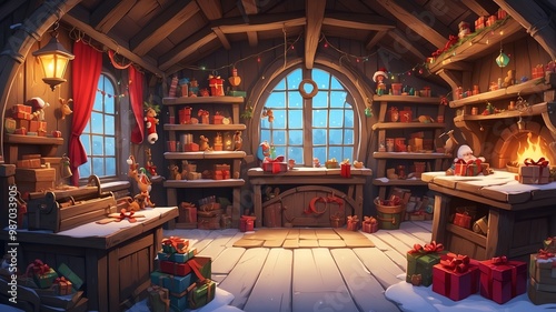 santas secret workshop cartoon background design