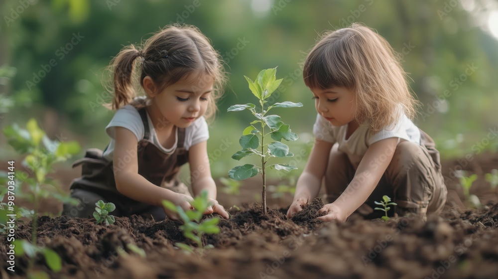 Children Planting Trees in Deforested Area Children Planting Trees in Deforested Area