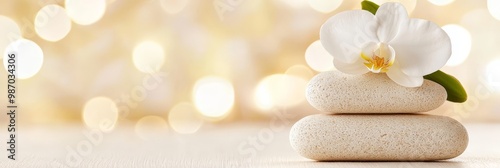  A white bloom atop rocks on a weathered table, background softly blurred