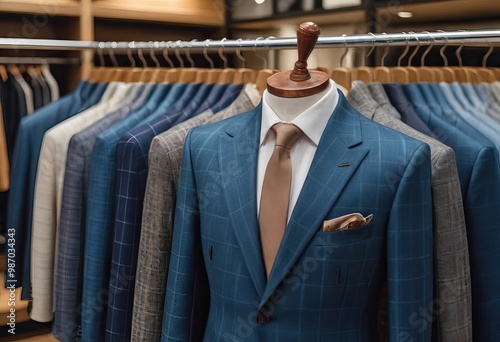 In a clothing store, a mannequin is displayed wearing a blue suit and tie