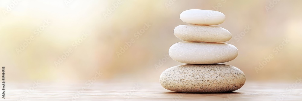 Obraz premium A stack of rocks atop a wooden floor, with a blurred background behind them