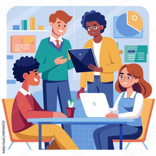 Lecturer Helps Scholar with Project, Advising on Their Work. Teacher Giving Lesson to Diverse Multiethnic Group of Female and Male Students in College. Line Art Vector Illustration