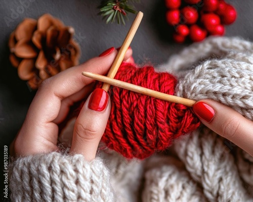 Cozy hands knitting with red yarn, surrounded by holiday decor, capturing the warmth and joy of crafting during winter.
