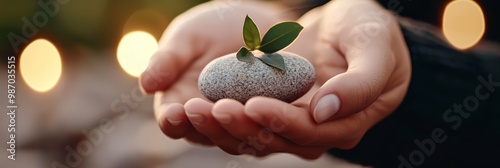  A person cradles a rock with a sprouting plant emergent from its peak, before a backdrop of twinkling lights photo