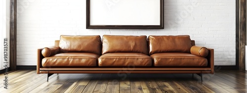 Vintage farmhouse inspired living room with weathered hardwood floors plush leather sofa and an elegant frame mockup with natural light streaming in creating a cozy and inviting atmosphere photo