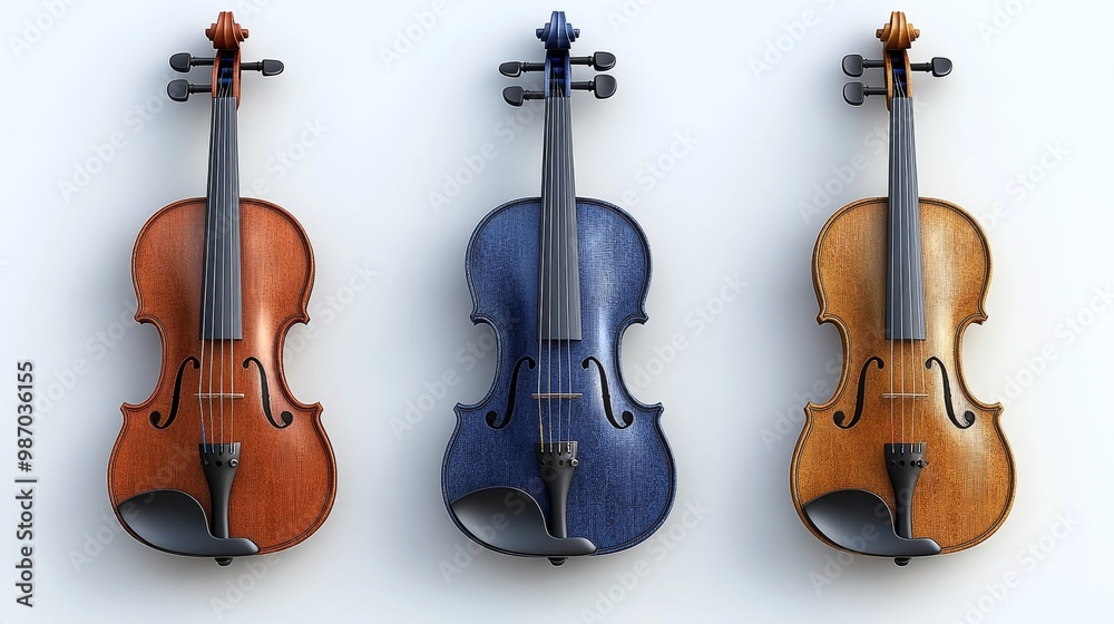 Fototapeta premium Three elegant violins in vibrant colors, showcasing craftsmanship and design against a clean backdrop.