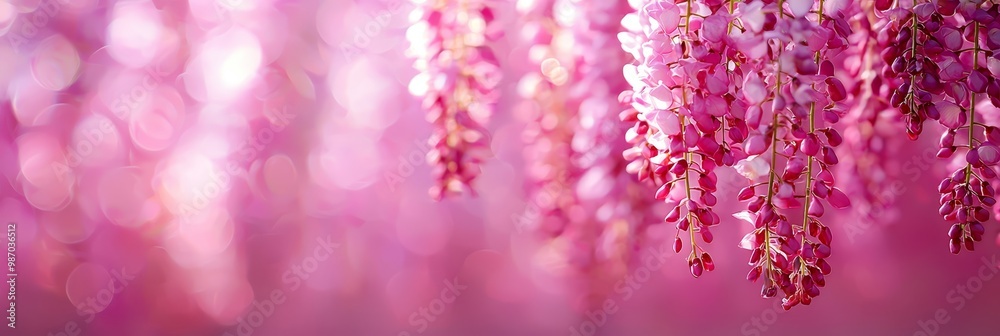 A tight shot of pink blooms dangling from a string, surrounded by softly blurred background light A tight shot of pink blooms dangling from a string, surrounded by softly blurred background light