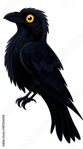 A smiling black raven with glowing yellow eyes, flat , bold colors, isolated on white background