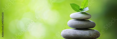  A stack of rocks topped with a solitary green leaf Above, a dense canopy of leaves forms a lush green boom photo