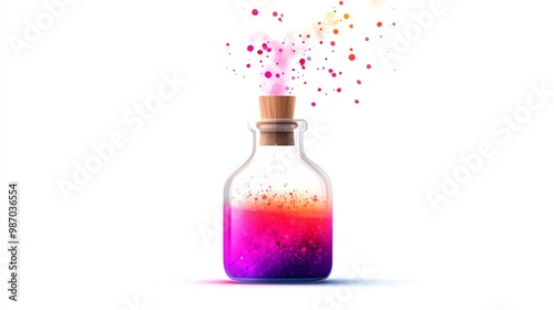 A potion bottle with colorful liquid, flat , playful design, isolated on white background