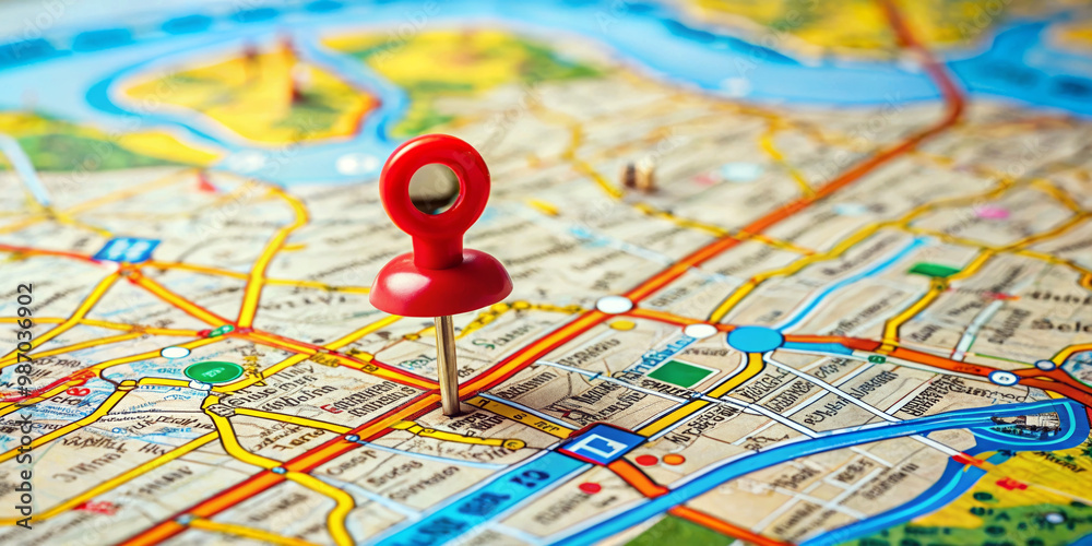 A detailed map is marked with a prominent red location pin. Various roads, streets, and landmarks are visible, indicating a well-structured urban area. AI generated. A detailed map is marked with a prominent red location pin. Various roads, streets, and landmarks are visible, indicating a well-structured urban area. AI generated.