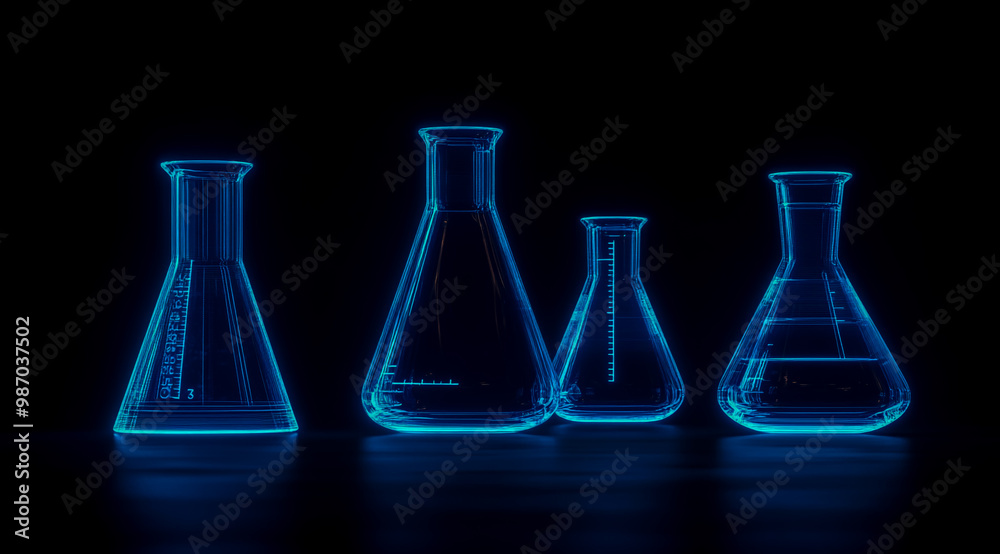 A blue hologram of four different sizes beakers and flasks, glowing on black background A blue hologram of four different sizes beakers and flasks, glowing on black background
