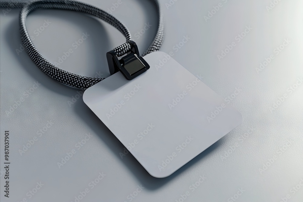 Fototapeta premium A white tag with a black clip attached to a silver chain